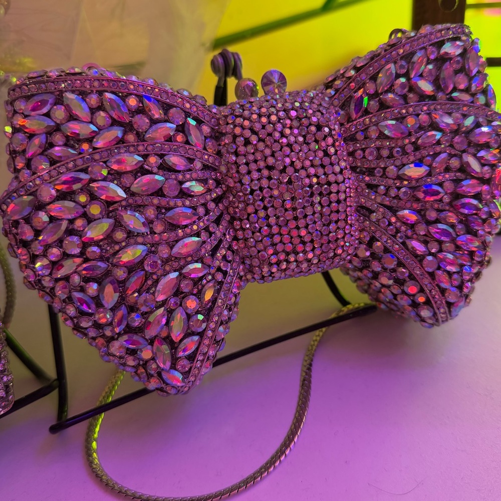 3D Elegant Pink Purple AB Rhinestone Bow Clutch Crossbody Handbag